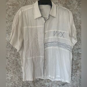 Cubavera White Embroidered Linen Short Sleeve Shirt Italy